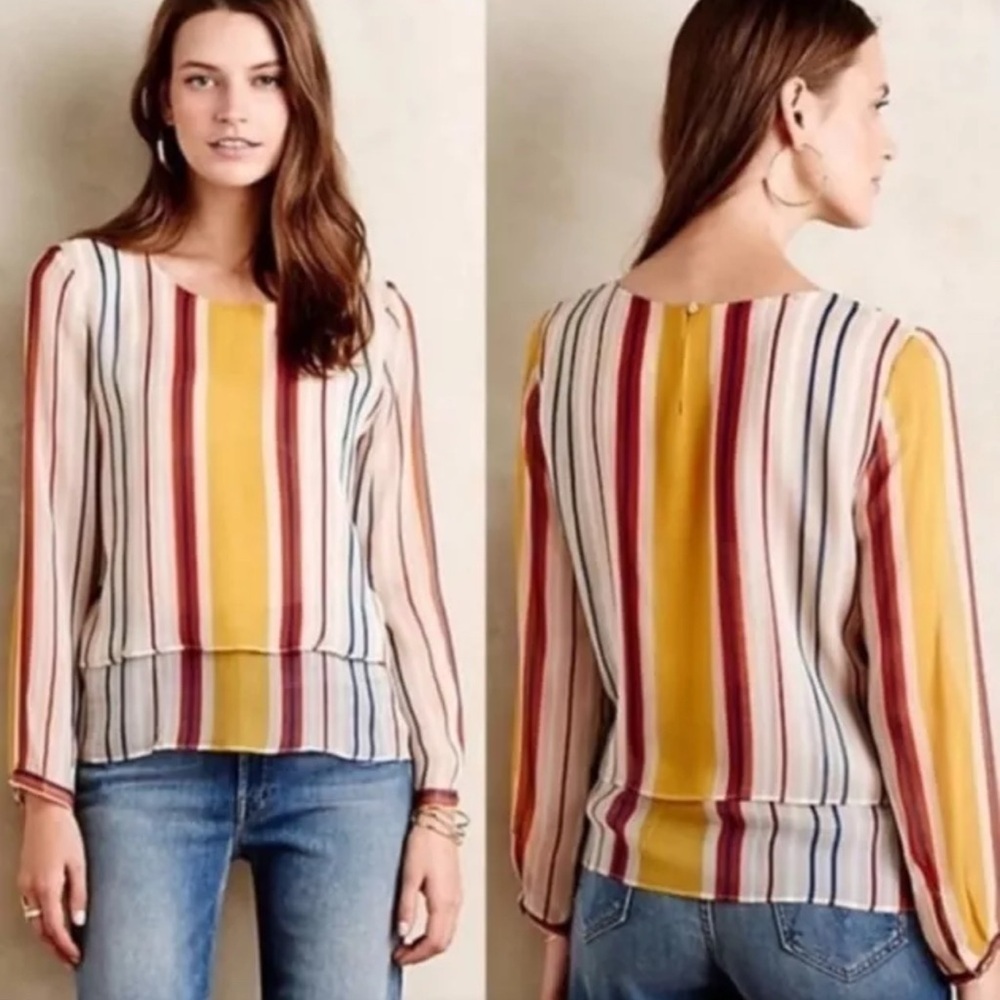 Maeve Anthropologie Top Women’s XS Gold Silk Striped Tiered‎ Fall Colors